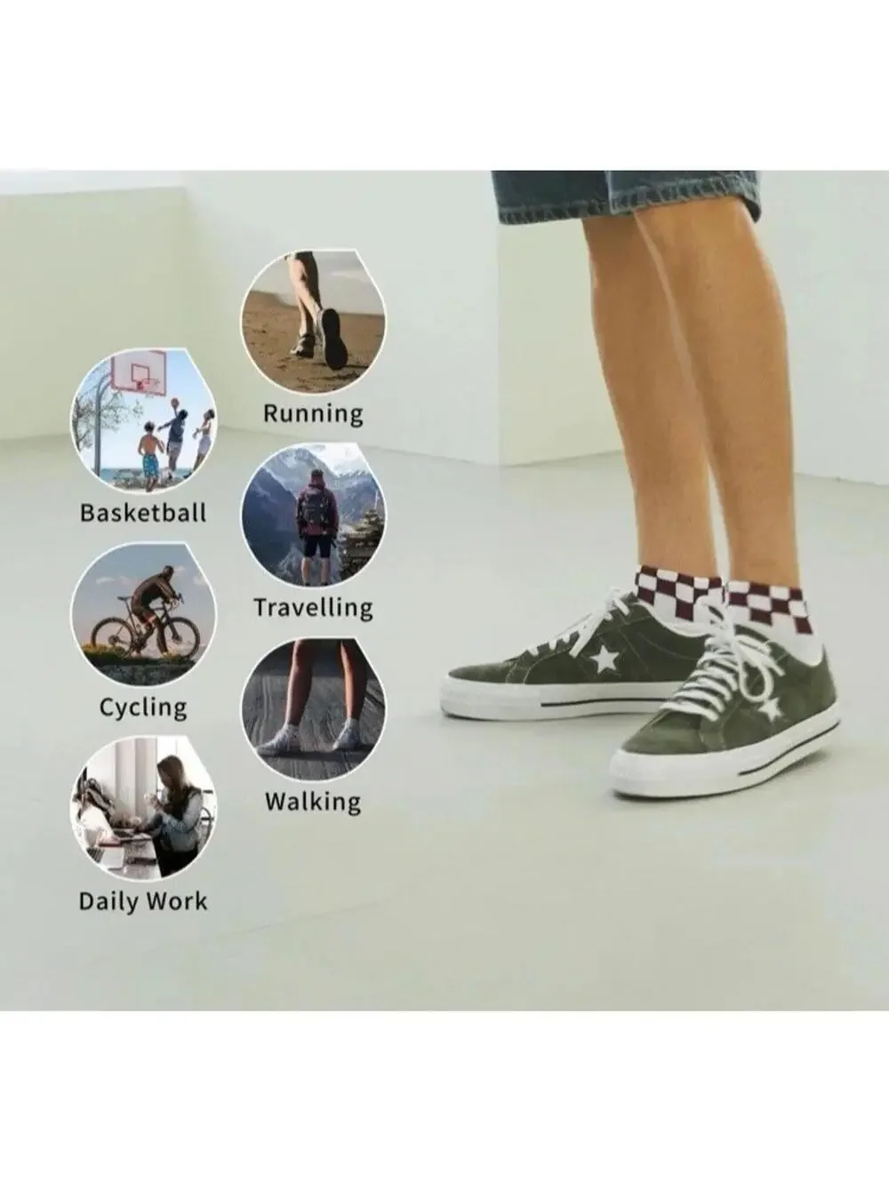 6 Pairs Quarter Socks Cushion Comfort Performance Checkerboard Wine Tan Colour